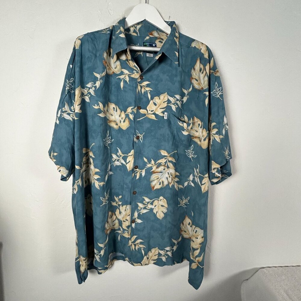 Hawaiian Moon Men 3XL Blue Beige Floral Button-Up Shirt Short Sleeve Handcrafted